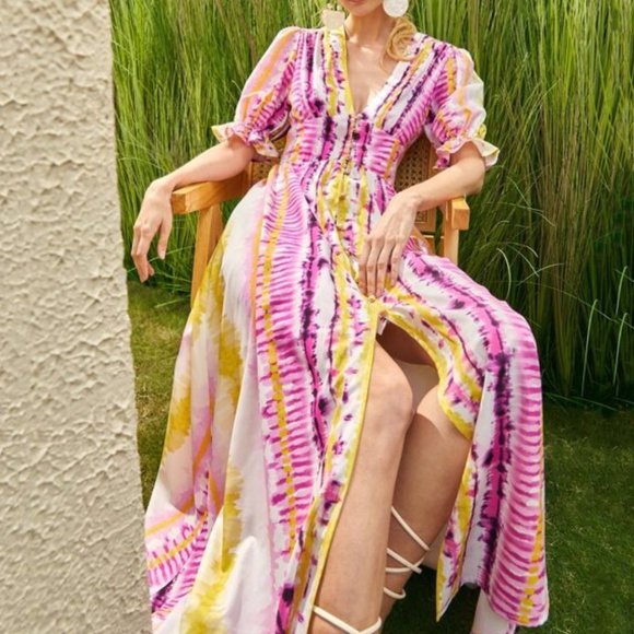 MODA ME COUTURE Dresses & Skirts - Tie Dye Puff Sleeve Button Down Maxi Dress